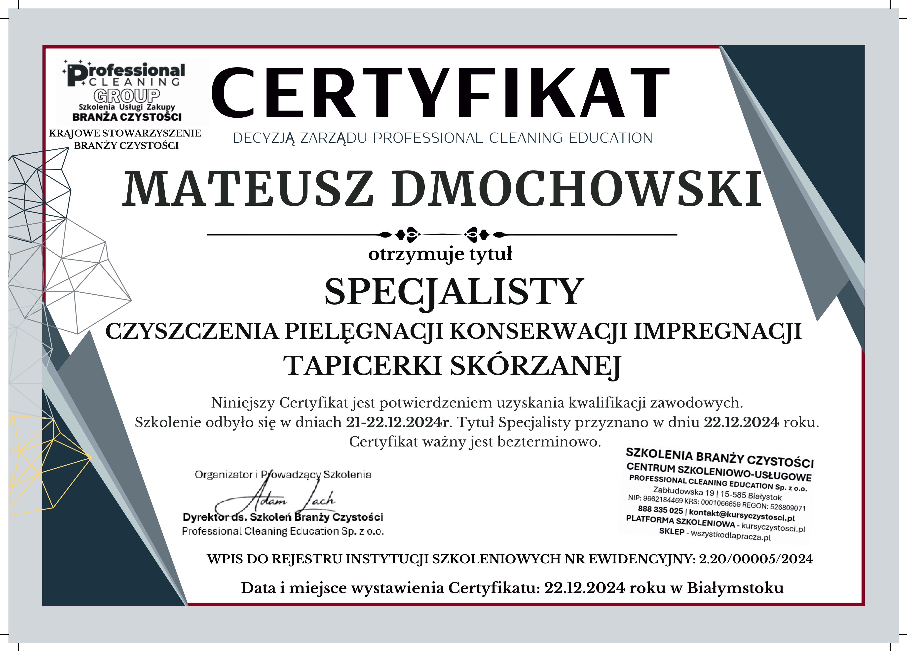 Certyfikat czyszczenia skór