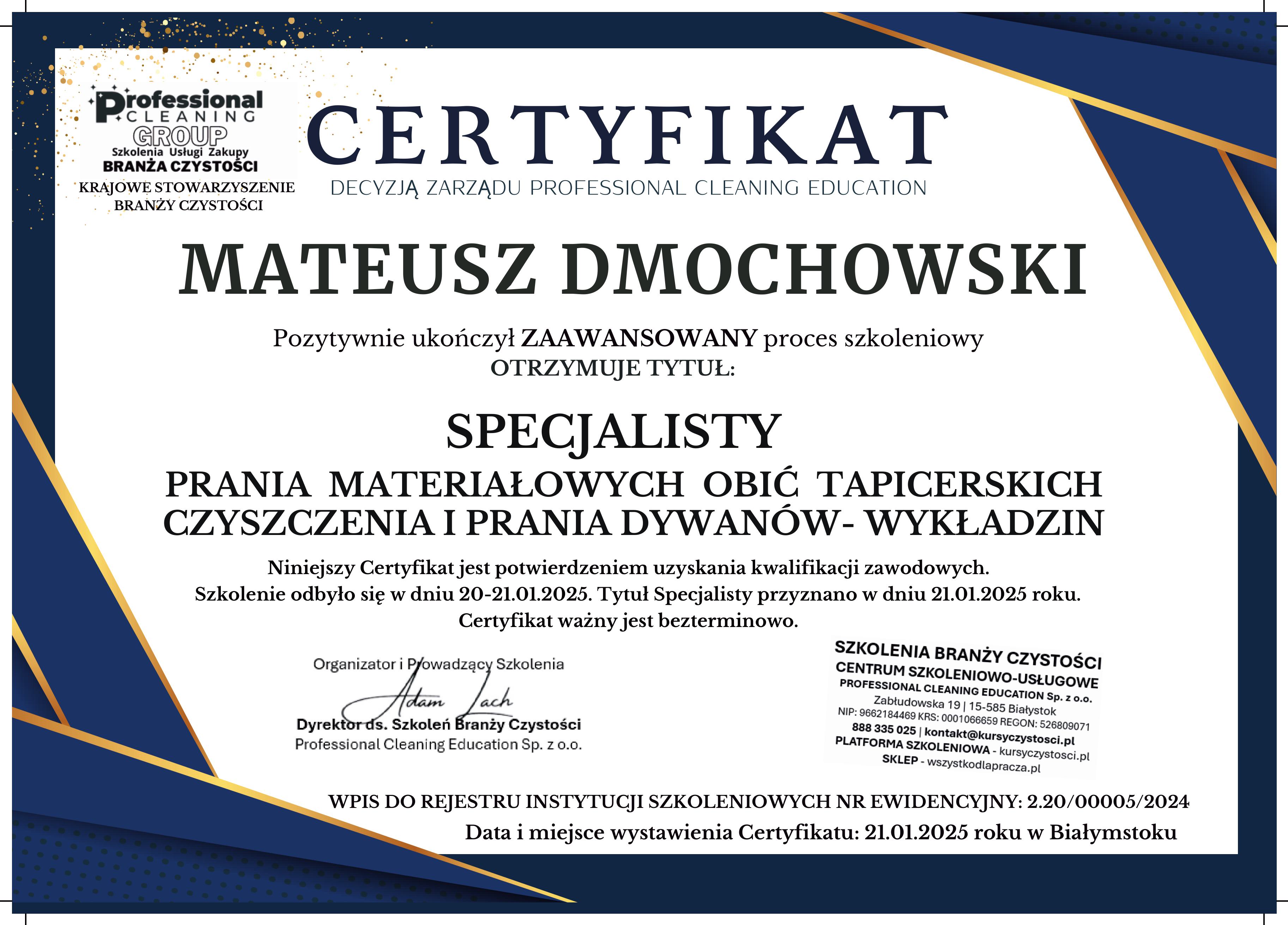 Certyfikat prania tapicerki